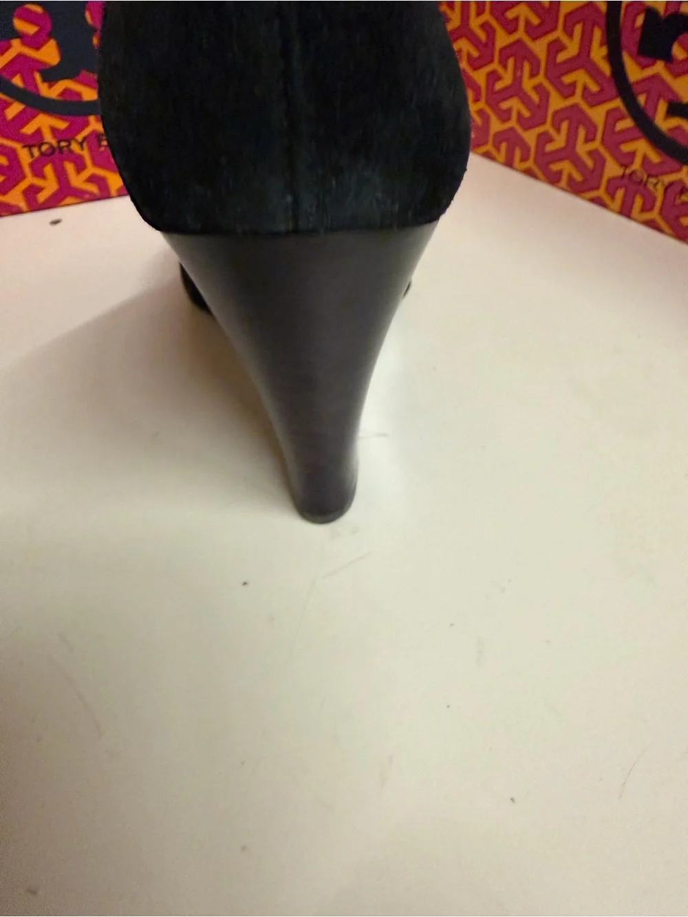 Tory Burch Black Suede Wedge Pumps with Gold Logo Medallion
